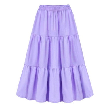 ameIAEA Womens Spring Summer Solid Color Casual Skirt Elastic Waisted Ruffle A Line Loose Midi Skirt