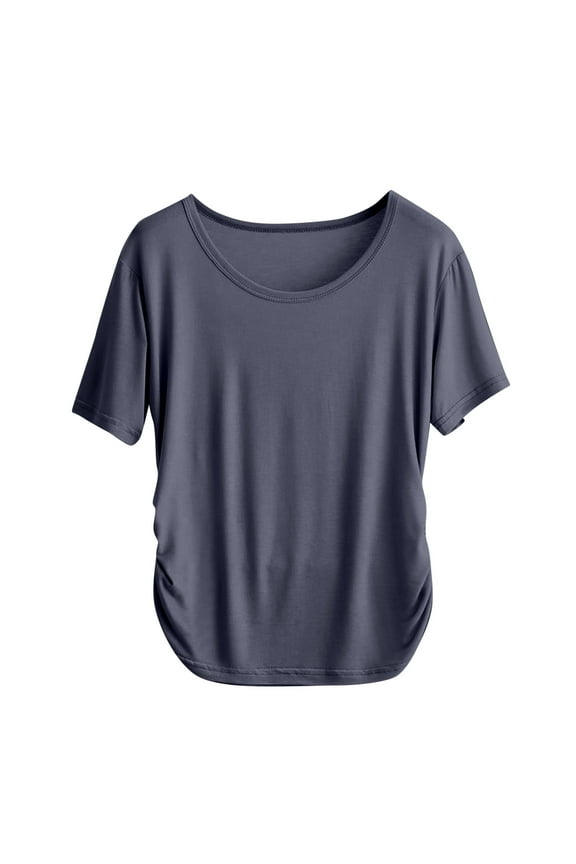Womens Summer Basic Tees Short Sleeve Crewneck Ruched Shirts Solid Color Casual Tops