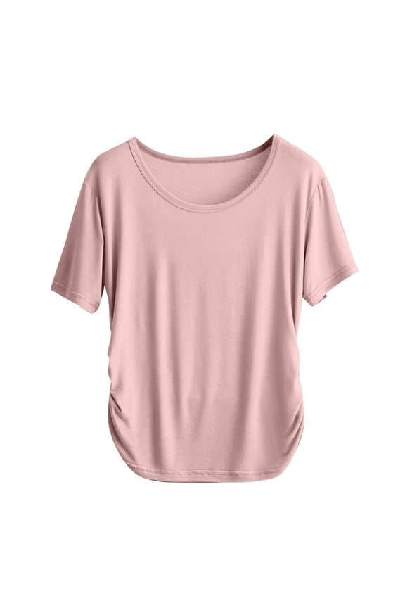Womens Summer Basic Tees Short Sleeve Crewneck Ruched Shirts Solid Color Casual Tops