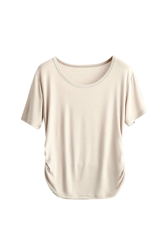 Womens Summer Basic Tees Short Sleeve Crewneck Ruched Shirts Solid Color Casual Tops