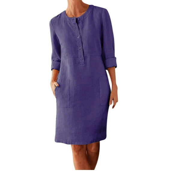 ameIAEA Womens Summer Casual Button Down Dress Long Sleeve Crewneck Work Dress with Pockets