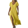 thumbnail image 1 of ameIAEA Womens Summer Cotton Linen Long Dress Short Sleeve V Neck Slit Beach Maxi Dresses, 1 of 6