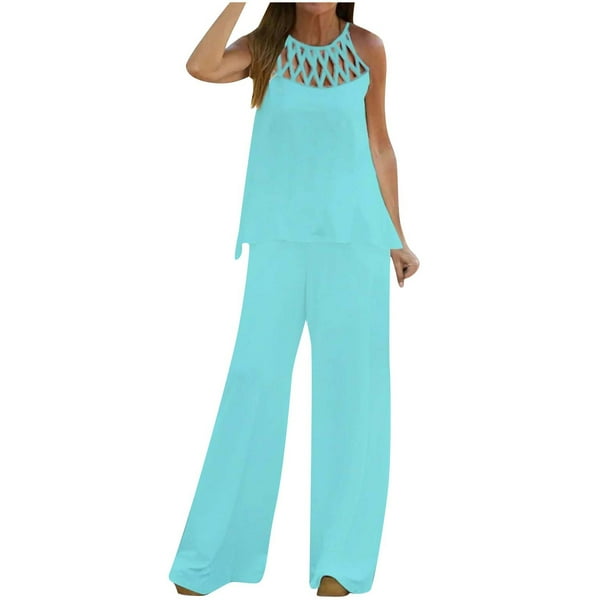 Overstock Deals Outlet Women's Summer 2 Piece Outfits Round Neck Crop Top Cropped Wide Leg Pants Sets Trendy Lounge Linen Set Jumpsuits With Pockets Deal Of The Prime Of Day Today