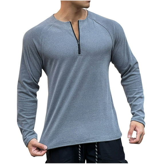 ameIAEA Workout T-Shirts for Men Long Sleeve Zip Up Gym Shirts Solid Color Casual Tee Tops
