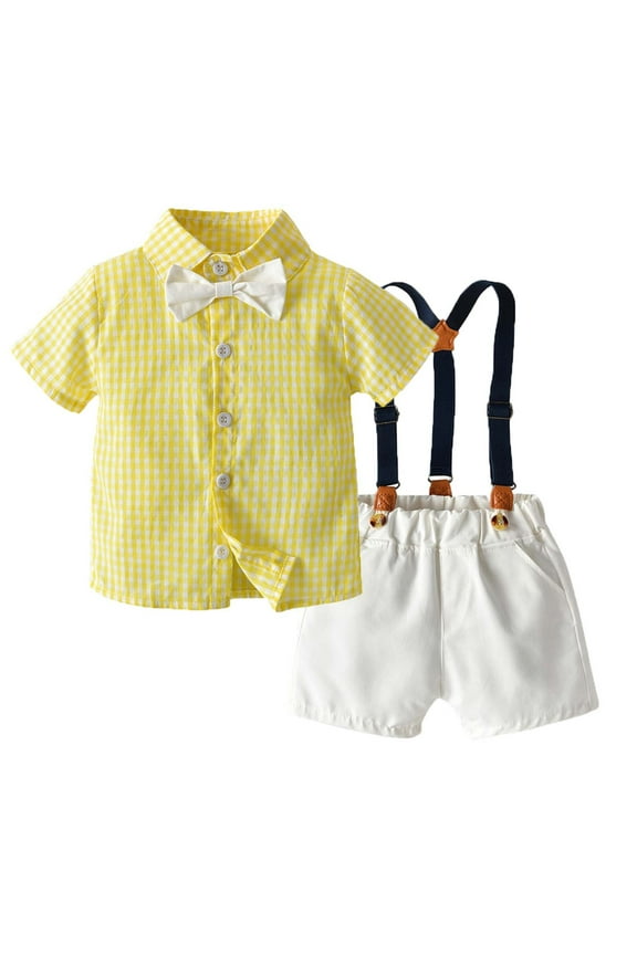 amelAEA Baby Boy Clothes Suits Short Sleeve Dress Shirt with Bowtie Suspender Shorts Sets Wedding Outfit