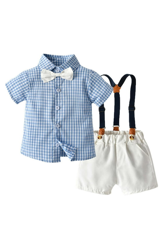 Baby Boy Clothes Suits Short Sleeve Dress Shirt with Bowtie Suspender Shorts Sets Wedding Outfit