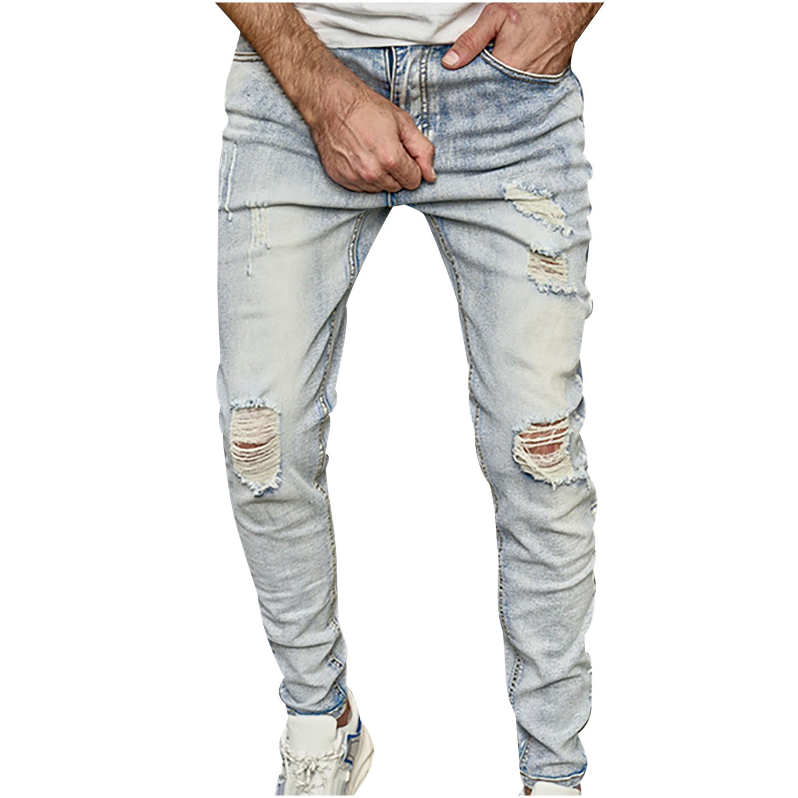 ameIAEA Men's Slim Stretch Jeans Ripped Denim Pants Straight Leg