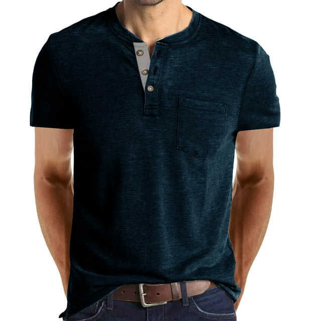ameIAEA Mens Casual Short Sleeve T-Shirts Solid Color Fashion Shirts 3 Button Classic Tees Tops with Pocket