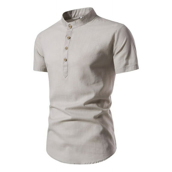 ameIAEA Mens Short Sleeve Summer Tops Cotton Linen Work Shirts Button Up Solid Color Business Casual Shirt