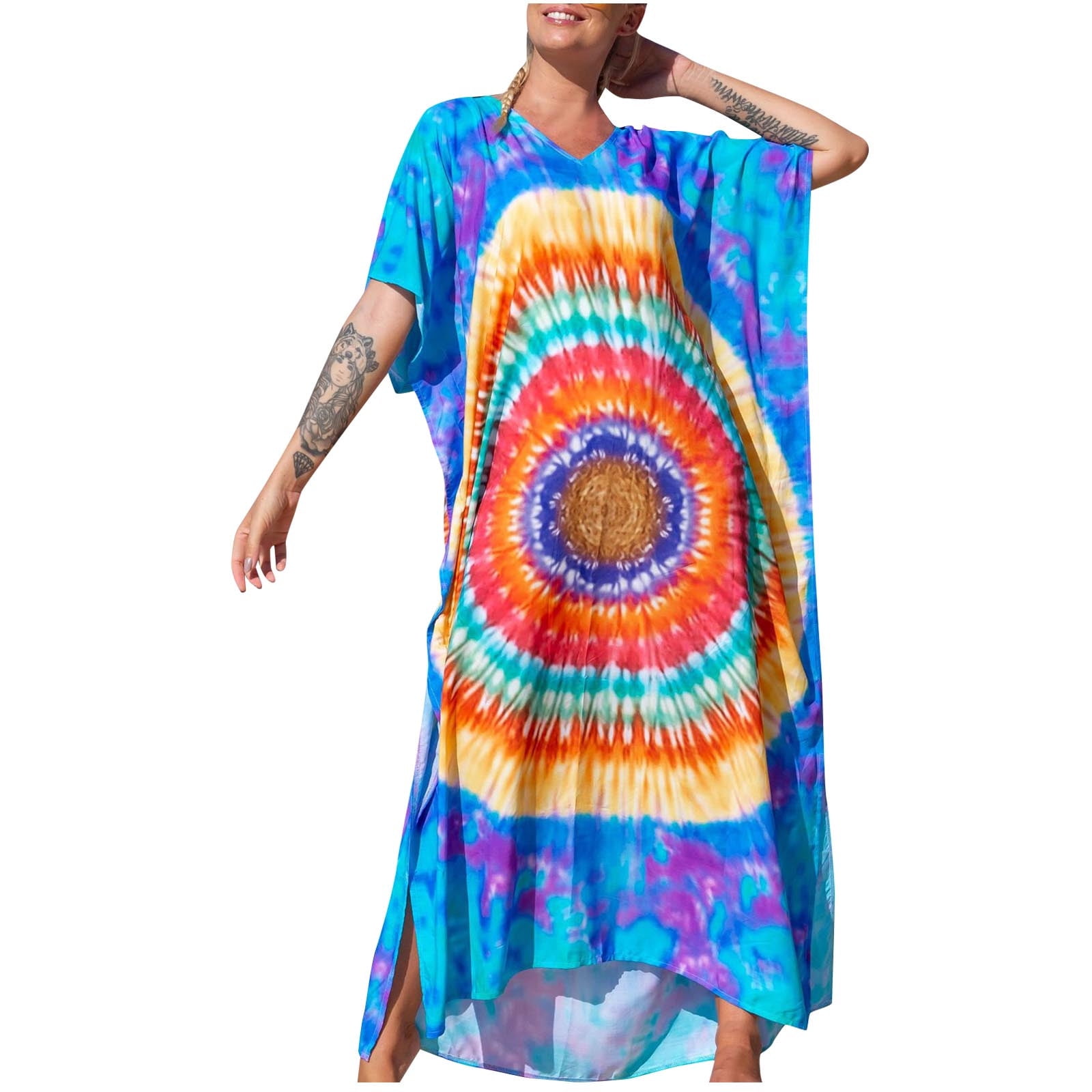 ameIAEA Women Casual Loose V Neck Cover Up Summer Beach Dress Short ...
