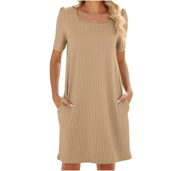 amelAEA Women Summer Short Sleeve Square Neck Casual Dress Solid Color Loose Knee Length Dress with Pockets