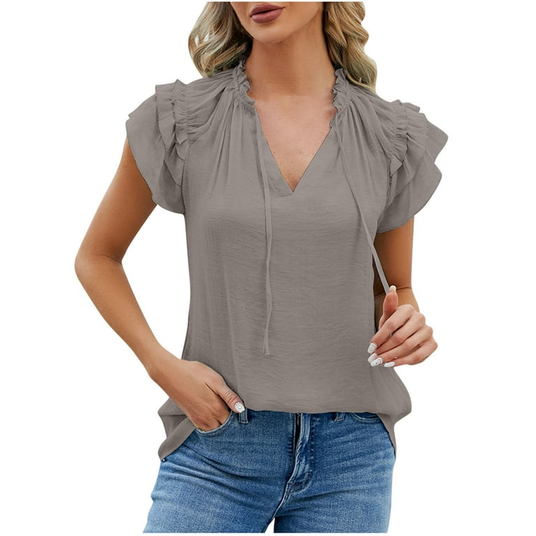 ameIAEA Women s Casual V Neck Tops Drawstring Short Sleeve Shirt Summer Solid Color Work Blouses