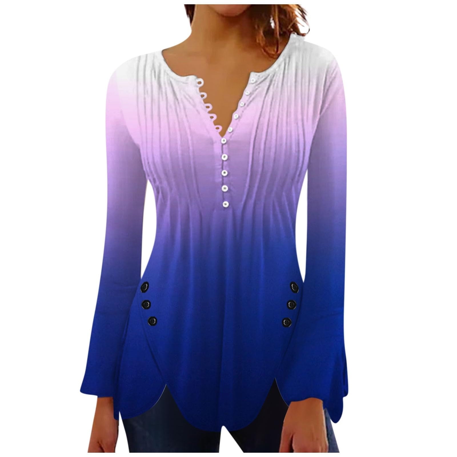 ameIAEA Womens Button Down Tunics Ruffle Bell Long Sleeve Blouses
