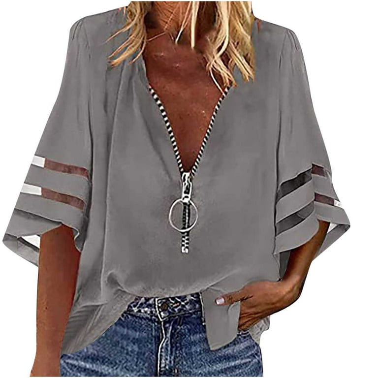 ameIAEA Womens V Neck Zipper Front Summer Blouses Casual Mesh Half Sleeve Shirts Solid Color Loose Top Walmart