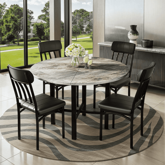 Lamerge Round Dining Table Set for 4,Wood Round Kitchen Table and Chairs Set for 4,Modern Dining Room Table Set with 4 Faux Leather Chairs,Round Dinner Table for Small Space Gray
