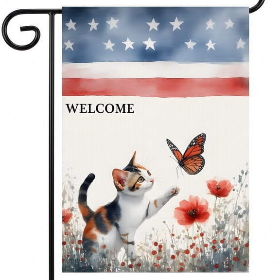 america garden flag A cat and a butterfly in a field of flowers. WELCOME 4th of july house flag 28x40 Large 28x40 Inch Decor Size 4th of july yard decor