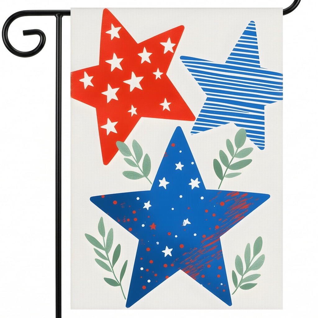 americana garden flag Three red white and blue stars with green leaves. * july 4th decorations 28x40" Large Yard Flag red white and blue decorations for home
