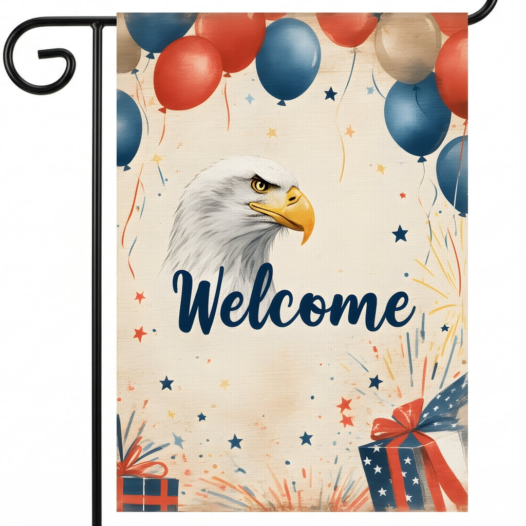 americana garden flag a welcome sign with an eagle and balloons Welcome america decor Large 28x40 Inch Decor Size 4th of july decorations