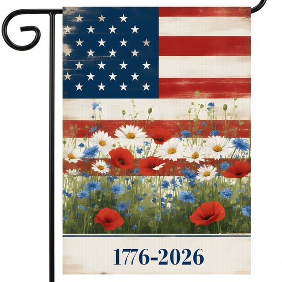 americana garden flag an american flag with poppies and daisies in front of it 1776-2026 250 anniversary decorations Large Size 28x40 Inch yard decor
