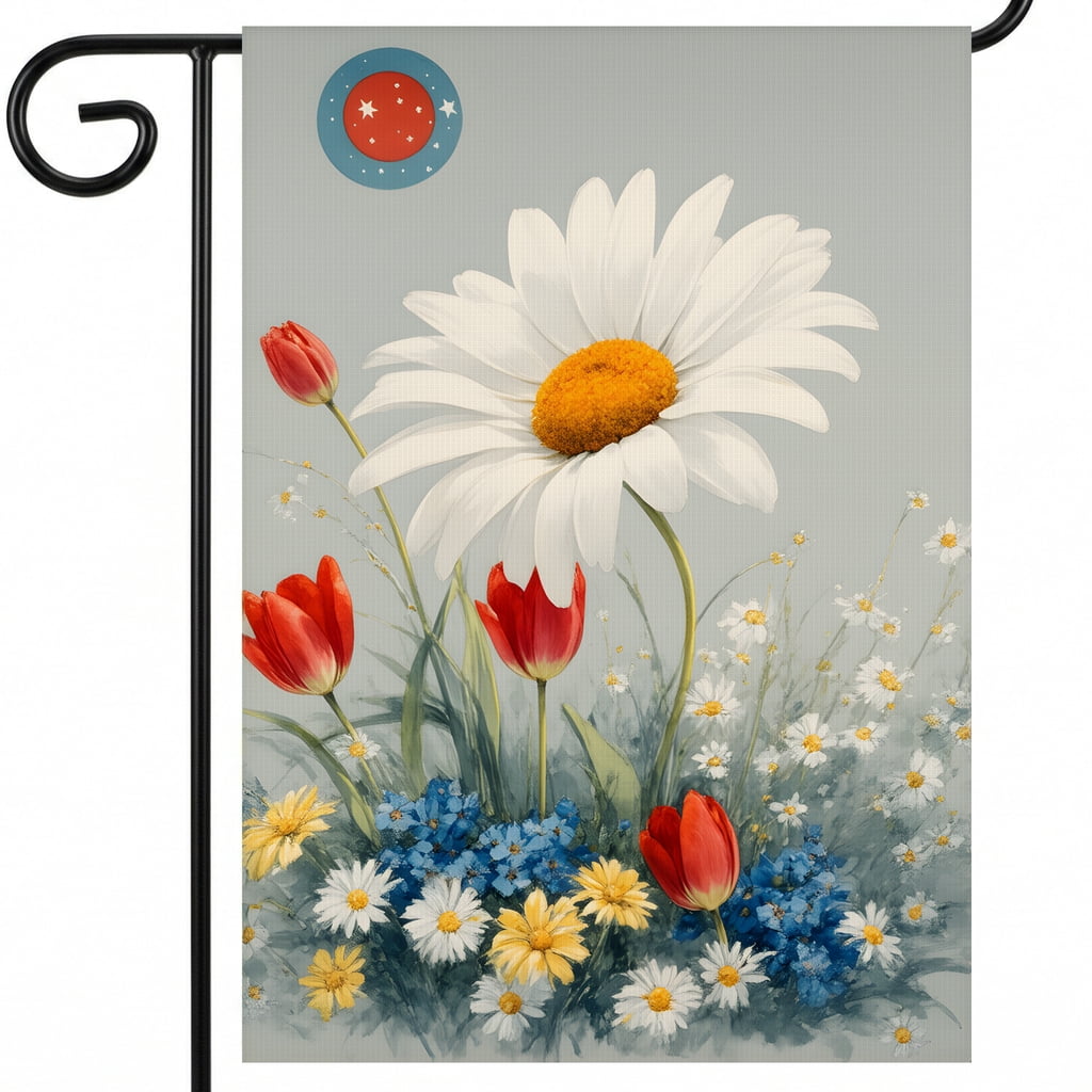 americana garden flag A painting of daisies tulips and forget-me-nots in a field. * 250 anniversary usa decorations 28x40in House Flag Size patriotic decorations outdoor
