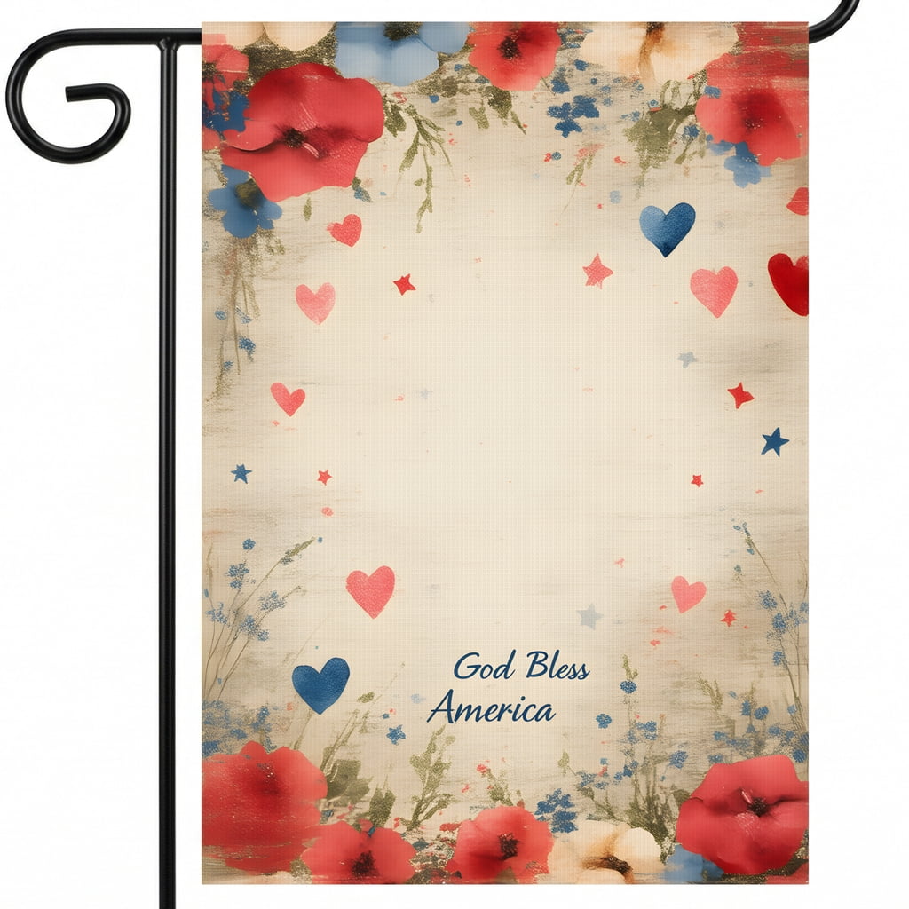 americana garden flag A patriotic background with red white and blue flowers and hearts. God Bless America outdoor flags Large Size 28x40 Inch 4th of july yard decor