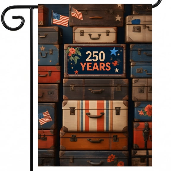americana garden flag A stack of suitcases with the words 250 years written on them. 250 YEARS bicentennial flag 28x40 Inch Double Sided Size 4th of july porch decorations