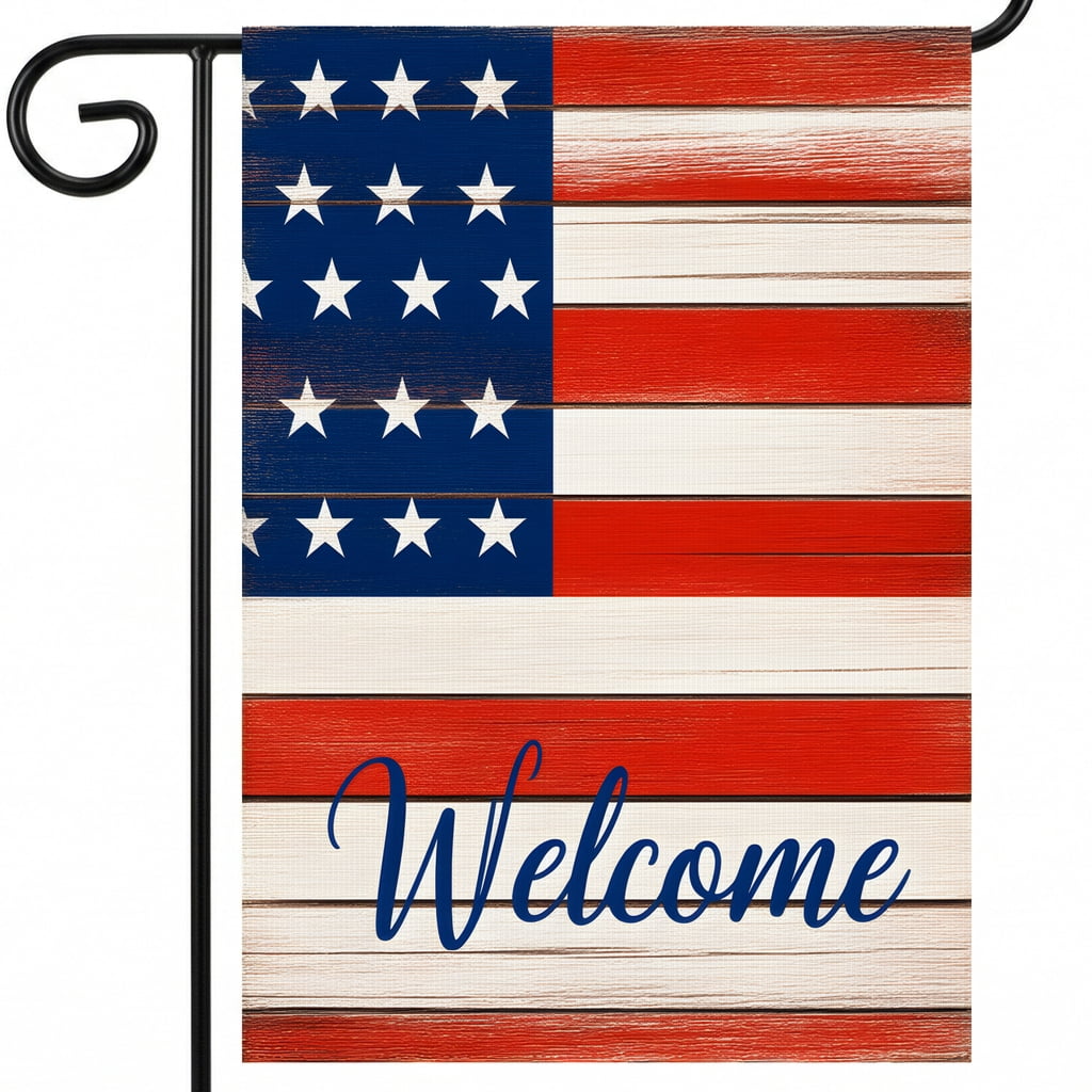 americana garden flag a wooden sign that says welcome with an american ...
