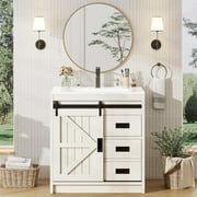 Amerlife 31" Sliding Barn Door Bathroom Vanity with Sink, Farmhouse Small Single Bath Vanity, White