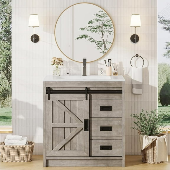Amerlife Farmhouse Bathroom Vanity with Sink Combo, 31" Sliding Barn Door Bathroom Vanity Cabinet Set, Metal Handles, Light Grey
