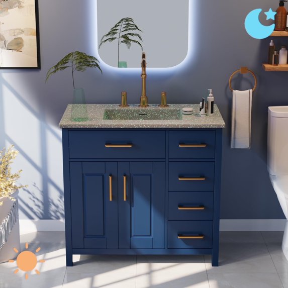 Amerlife 36" Fluorescent Bathroom Vanity with Sink Combo, Modern Small Single Bathroom Cabinet Set, Includes Luminous Countertop & Sink, Blue