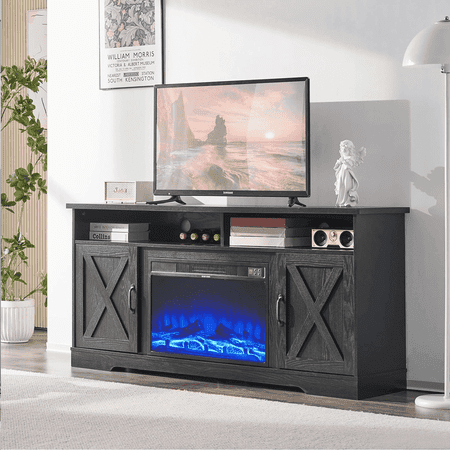 Amerlife 63" Tv Stand, 26" Fireplace, Antique Black