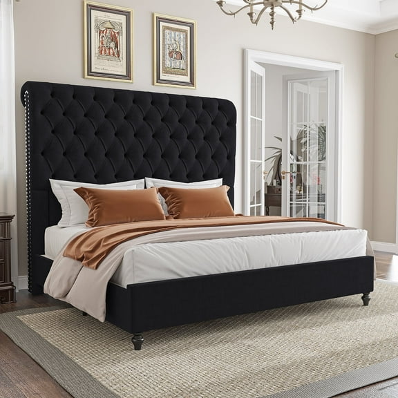Amerlife King Bed Frame with 59.1" Sleigh Headboard,Velvet Upholstered,No Box Spring Needed,Black