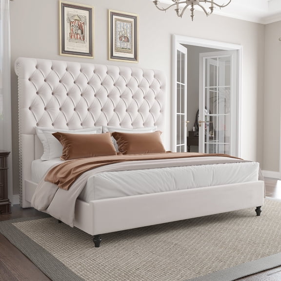 Amerlife King Bed Frame with 59.1" Sleigh Headboard,Velvet Upholstered,No Box Spring Needed,Cream