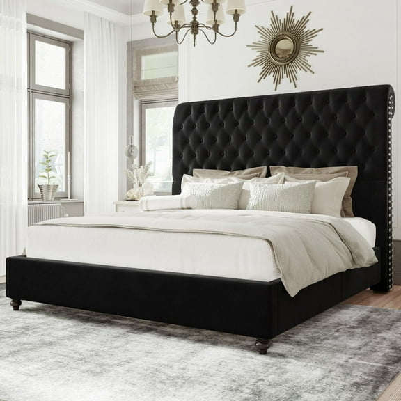 amerlife King Bed Frame with Sleigh and Button Tufted Headboard,Velvet Upholstered,Black
