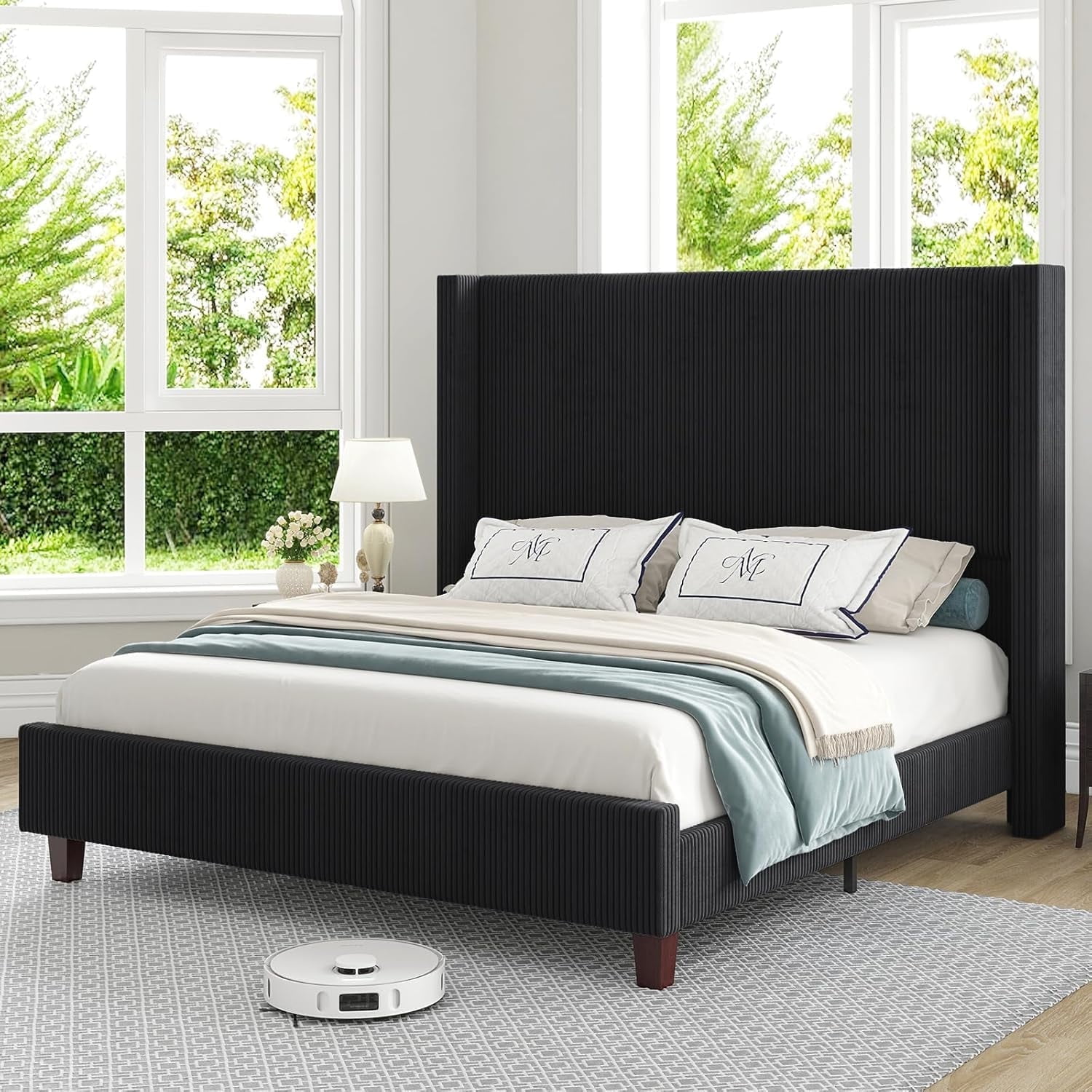 Amerlife King Size Bed Frame, 61" Corduroy Upholstered Platform Bed with Vertical Stripe Wingback Headboard, Solid Wood Slats, Noise-Free, Black