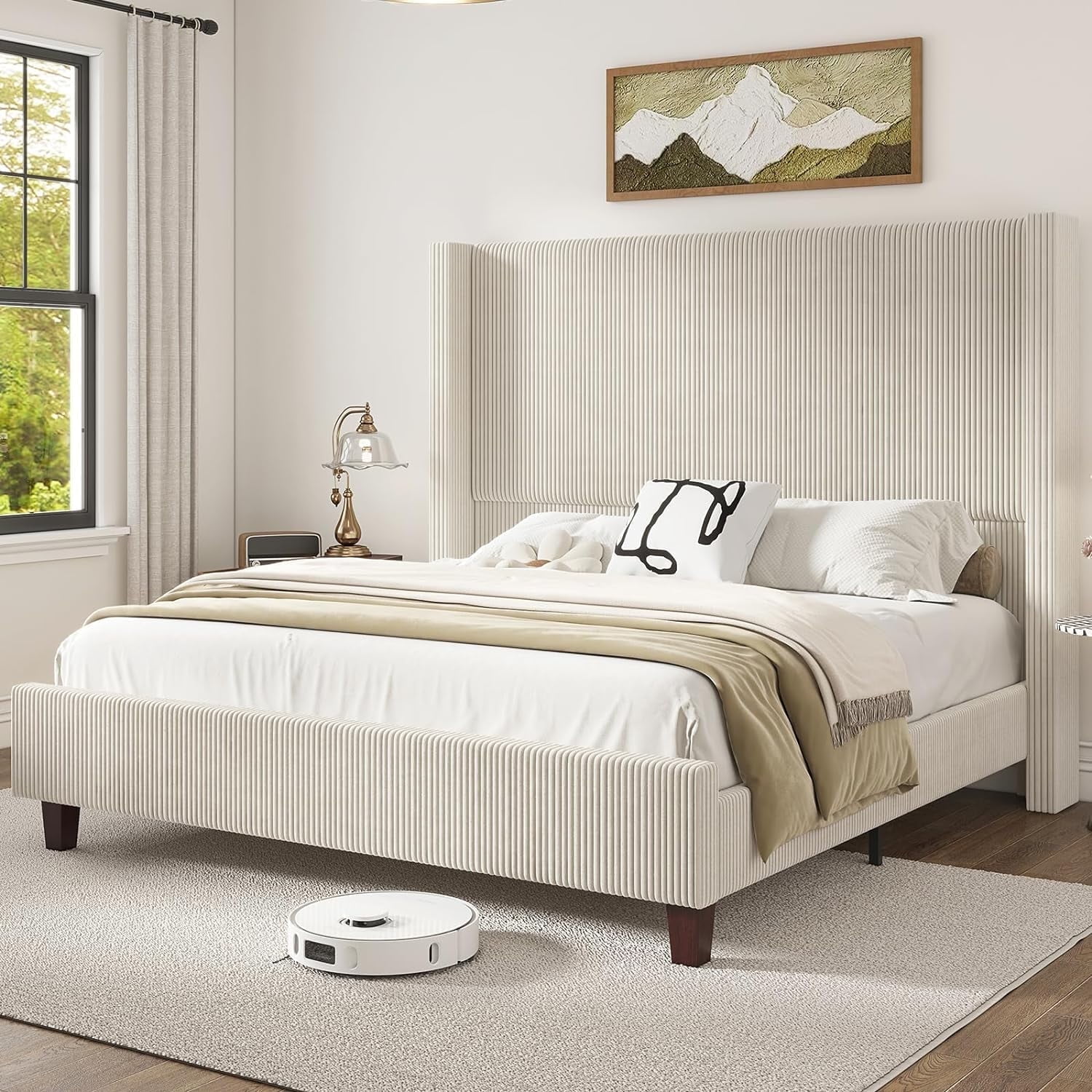 Amerlife King Size Bed Frame, 61" Corduroy Upholstered Platform Bed with Vertical Stripe Wingback Headboard, Solid Wood Slats, Noise-Free, Beige
