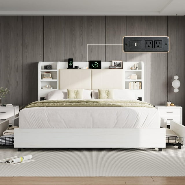 amerlife King Size Bed Frame with 4 Storage Drawers with 47.2" Bookcase ...