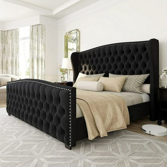 Amerlife King Size Platform Bed Frame, Velvet Upholstered Bed with Deep Button Tufted Wingback Headboard and Nailhead Trim, No Box Spring Needed, Black