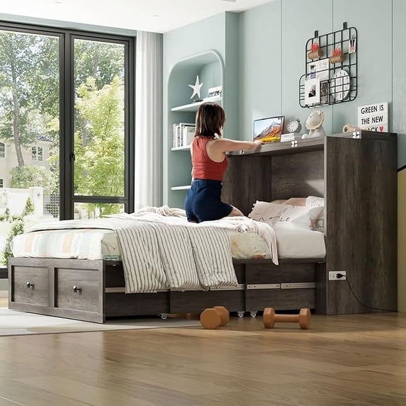 Amerlife Murphy Full Size Bed with Storage and Charging Station, Rustic Gray