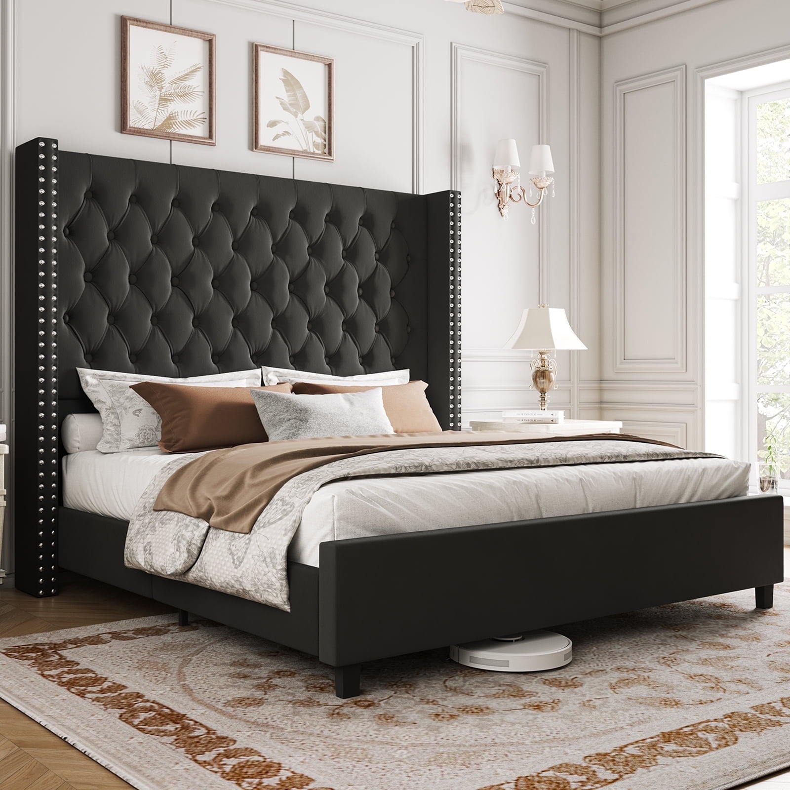 Amerlife Queen Bed Frame with 61.4" Tall Headborad and Deep Button Tufted,No Box Spring Needed,Velvet Upholstered,Black
