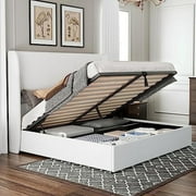 amerlife Queen Bed Frame with Lift up Storage,Linen Platform Bed Frame,No Box Spring,White
