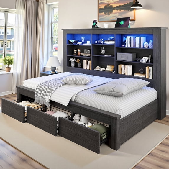amerlife Twin Daybed with Bookcase Headboard, USB-C Charging, RGB Lights & 3 Drawers, No Box Spring Needed, Platform Bed Frame for Teens, Dorms, Guest Room,Black