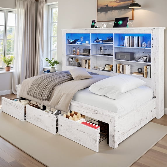 amerlife Twin Daybed with Bookcase Headboard, USB-C Charging, RGB Lights & 3 Drawers, No Box Spring Needed, Platform Bed Frame for Teens, Dorms, Guest Room,Distressed White