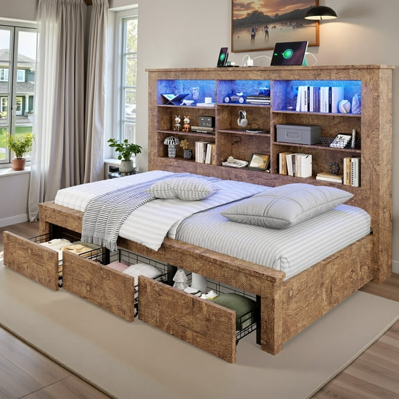 amerlife Twin Daybed with Bookcase Headboard, USB-C Charging, RGB Lights & 3 Drawers, No Box Spring Needed, Platform Bed Frame for Teens, Dorms, Guest Room,Rustic Oak