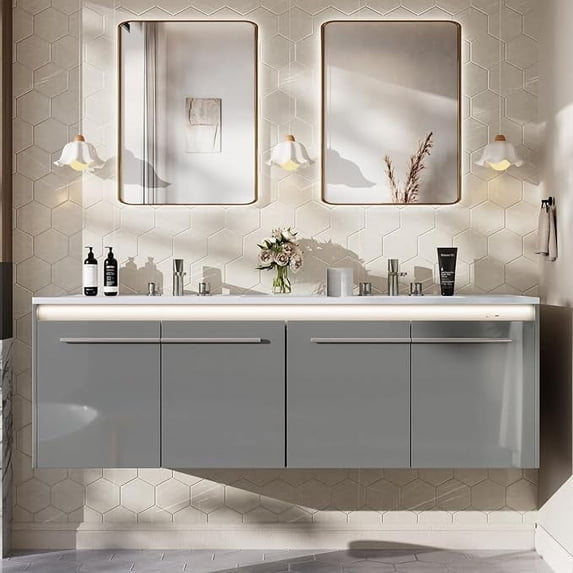 Amerlife 60" LED Floating Bathroom Double Vanity with Sink Combo, Modern High Gloss Wall Mounted Bathroom Storage Cabinet with 3 Hole Sink, Grey