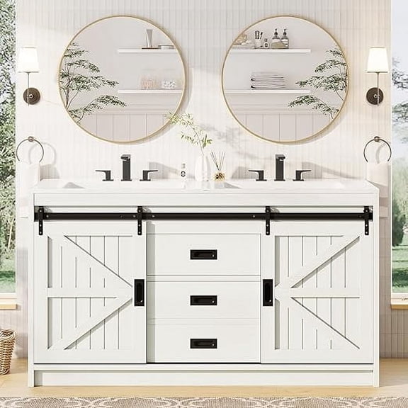 Amerlife 61" Farmhouse Double Bathroom Vanity with Sink Combo, Dual Basin Bathroom Storage Cabinet with Sliding Barn Doors & Drawers, White