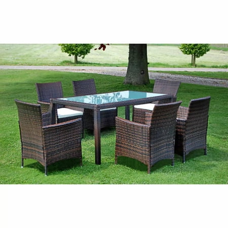 ametoys 7 Piece Patio Dining Set with Cushions Poly Rattan Brown