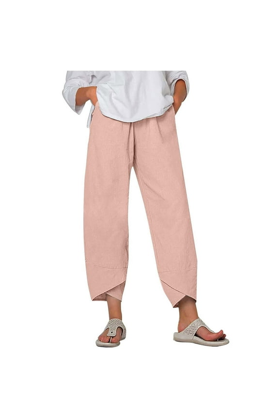 2023 Summer Linen Pants for Women Cropped Leg Straight Lounge Beach Pants High Waist Solid Casual Comfy Trousers