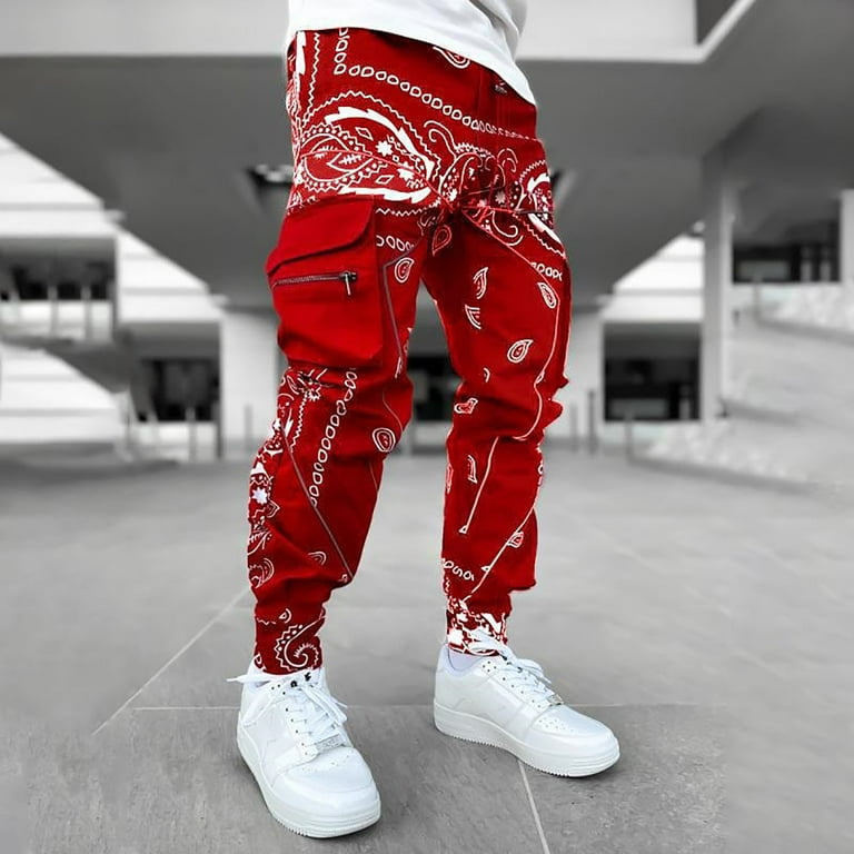 amidoa Men Hippie Aesthetic Print Cargo Pants with Pocket Low