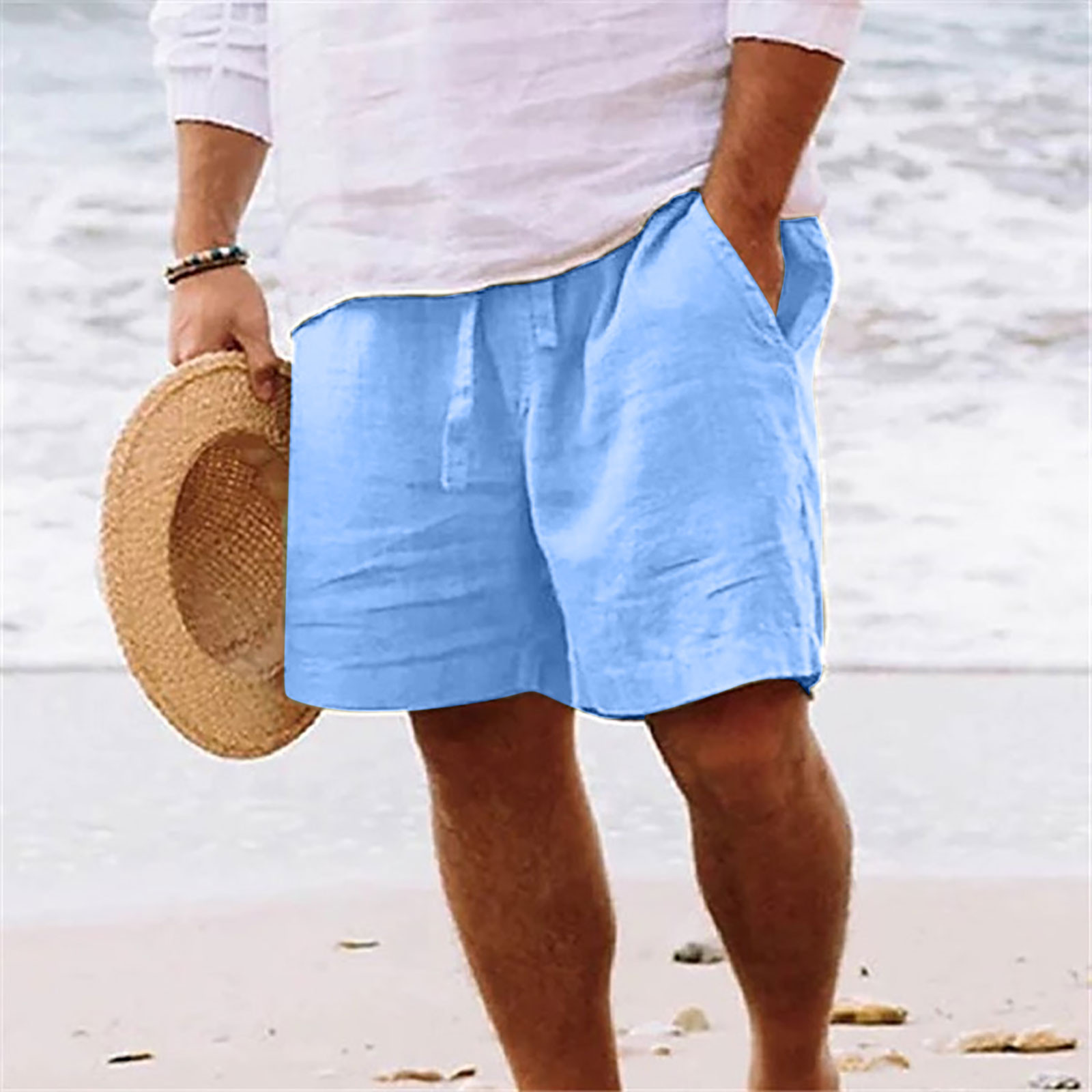 amidoa Men Linen Shorts Elastic Waist Drawstring Cotton Linen Shorts ...